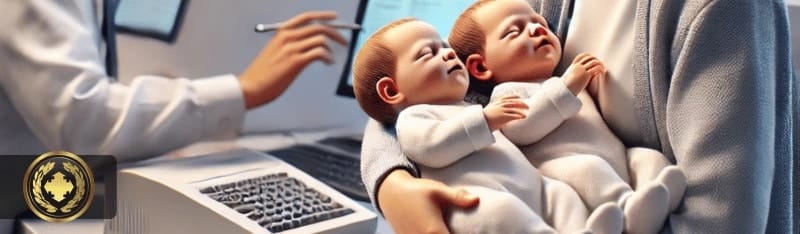 uma mãe com bebês gêmeos em um cartório