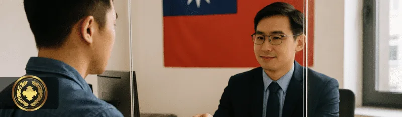 uma pessoa entregando documentos a um atendente em um consulado em Taiwan