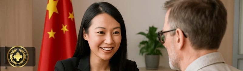 Pessoa sendo atendida por funcionária em consulado chinês
