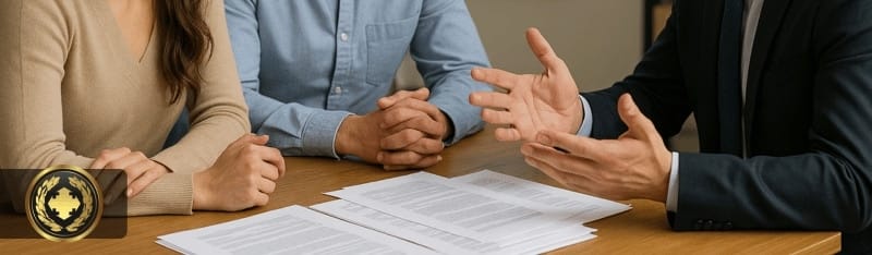 Um casal conversa atentamente com um advogado em uma mesa de escritório, que está cheia de documentos.