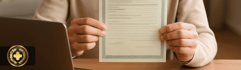 Pessoa sentada à mesa segura uma certidão em frente ao notebook, em ambiente iluminado e aconchegante, transmitindo foco e organização.