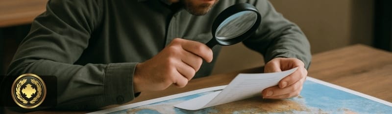 como saber a descendência do meu sobrenome Homem observa atentamente um documento com uma lupa, sobre uma mesa onde está aberto um mapa-múndi, em ambiente iluminado naturalmente.