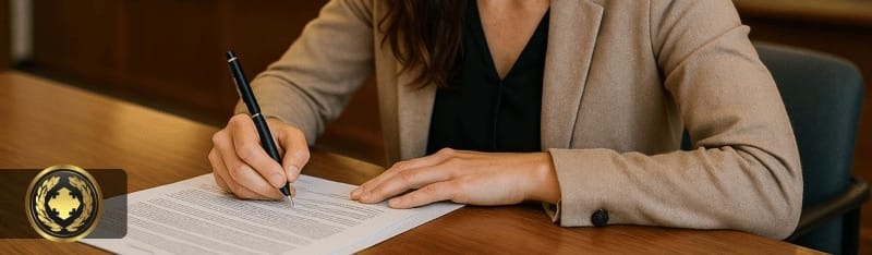 Mulher concentrada assinando um documento em um ambiente que remete a um cartório, com fundo institucional e iluminação natural suave.