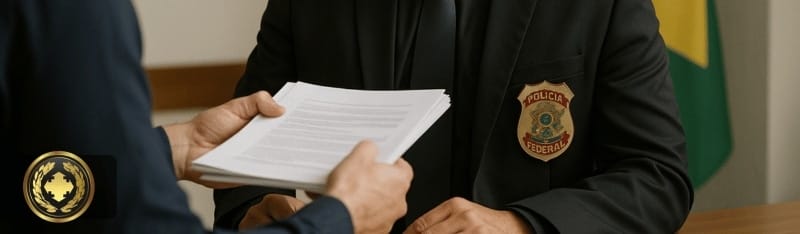 um delegado da Polícia Federal do Brasil recebendo documentos de uma pessoa em um ambiente institucional