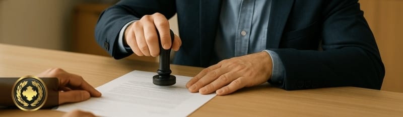 Um funcionário de cartório, concentrado, autentica um documento com um carimbo sobre a mesa, em um ambiente formal e organizado