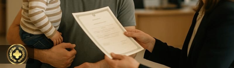 Pai segurando seu filho no colo enquanto recebe uma certidão de uma funcionária do cartório, em um ambiente iluminado e acolhedor
