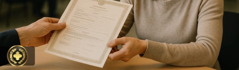 Uma mulher sorridente recebe uma certidão das mãos de um funcionário em um ambiente de escritório público, transmitindo realismo e formalidade