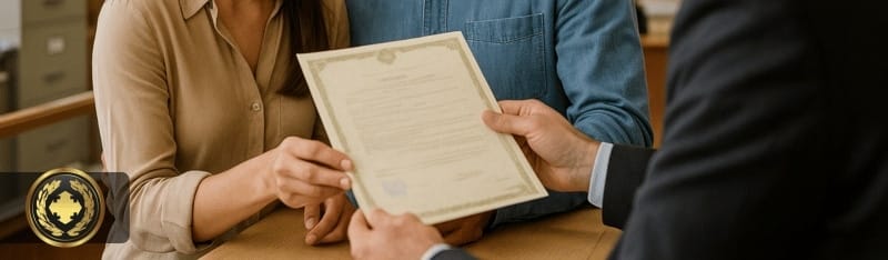 Um casal sorridente recebe uma certidão de um funcionário em um cartório, em ambiente iluminado e acolhedor
