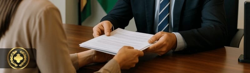 documentos para naturalização brasileira Uma pessoa entrega documentos a um funcionário de cartório, sentado à mesa, com a bandeira do Brasil ao fundo