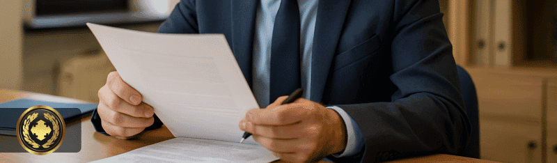 Um funcionário de cartório de terno e óculos analisa atentamente um documento em seu escritório, com ambiente organizado e iluminação natural suave.