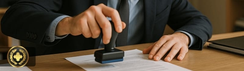 Um funcionário de cartório carimbando um documento em seu escritório, com expressão concentrada e ambiente iluminado naturalmente, transmitindo seriedade e autenticidade