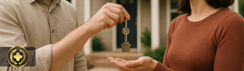 uma pessoa entregando a chave de uma casa para outra em frente à residência. Ambos sorriem de forma natural, com iluminação suave e cenário realista, transmitindo a sensação de conquista e confiança