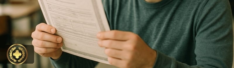 Pessoa observando atentamente sua certidão em ambiente interno bem iluminado, com expressão concentrada e realismo natural