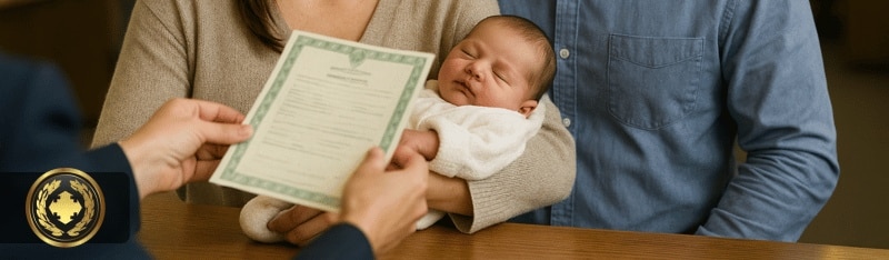 Uma mãe segurando seu bebê recém-nascido recebe a certidão das mãos de um funcionário do cartório, enquanto o marido observa ao lado
