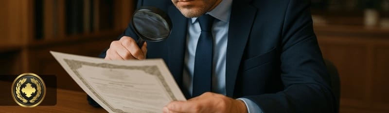 Um funcionário de cartório observa atentamente uma certidão com uma lupa em um ambiente de cartório iluminado de forma suave e natural, transmitindo foco e seriedade