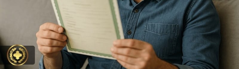 certidão de nascimento com apostila de Haia Uma pessoa sentada no sofá de casa observa atentamente uma certidão, segurando o documento com a frente voltada para si em um ambiente iluminado de forma suave e natural