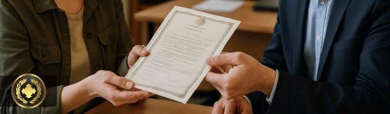 o que é certidão de nascimento apostilada Pessoa recebendo uma certidão diretamente de um atendente em um cartório, em ambiente institucional organizado, com iluminação suave e expressão de atenção no momento da entrega do documento