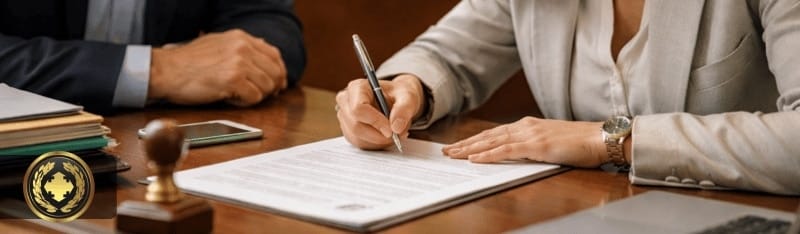 Pessoa assinando um documento em um cartório, sentada à mesa, com foco nas mãos e na expressão de atenção, em ambiente institucional bem iluminado e com fundo discretamente desfocado, transmitindo formalidade e confiança