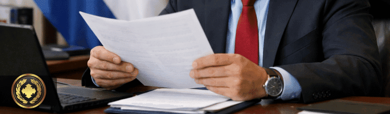 Imagem realista de um funcionário do consulado paraguaio sentado em seu escritório, analisando atentamente um documento sobre a mesa