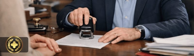 Funcionário de cartório autentica um documento sobre a mesa de atendimento, aplicando o carimbo com atenção e precisão, enquanto o solicitante acompanha o procedimento