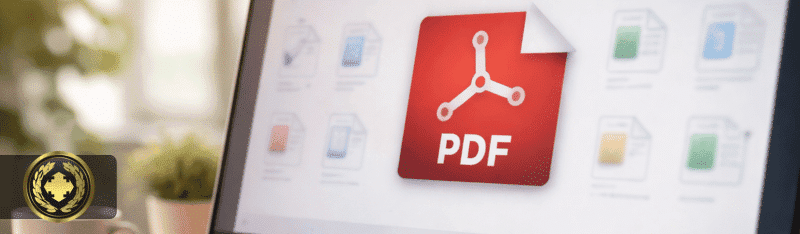 Tela de computador exibindo um ícone de PDF em destaque no centro da área de trabalho, com outros arquivos desfocados ao fundo