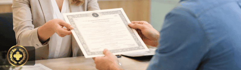 certidão negativa de protesto Mulher funcionária de cartório, com traje social, entrega uma certidão a um homem em atendimento no balcão