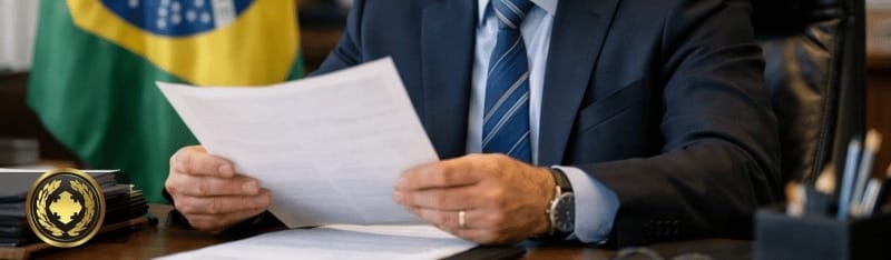 Funcionário do consulado brasileiro analisa atentamente um documento sobre a mesa de trabalho, em um ambiente institucional discreto e bem iluminado