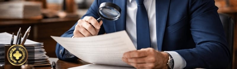 Funcionário de cartório analisa atentamente um documento com o auxílio de uma lupa, em um ambiente institucional bem iluminado, transmitindo cuidado, precisão e seriedade no atendimento