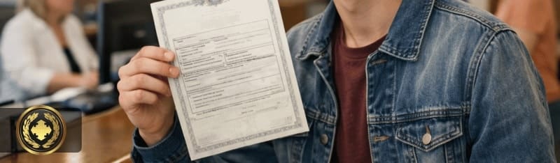 certidão de emancipação substitui a de nascimento Adolescente em pé no balcão de um cartório, segurando sua certidão com expressão confiante e leve sorriso, enquanto ao fundo o ambiente institucional aparece desfocado, com atendentes e clientes em atendimento