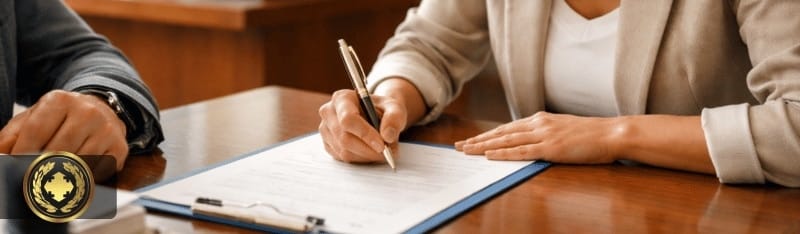 Pessoa assinando um documento em um cartório, em ambiente interno bem iluminado, com foco nas mãos e na expressão concentrada, enquanto um atendente acompanha o processo, transmitindo um contexto formal e institucional.