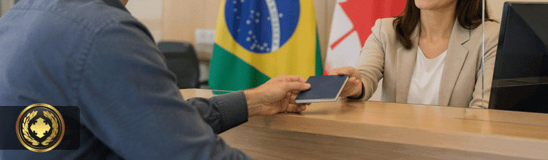 Homem sendo atendido em um consulado, recebendo seu documento de uma funcionária, com as bandeiras do Brasil e do Canadá ao fundo, em um ambiente moderno e bem iluminado.