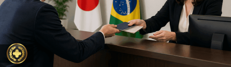 Um cidadão japonês recebe o visto em um consulado brasileiro durante um atendimento formal, com bandeiras do Japão e do Brasil ao fundo, em um ambiente institucional realista e acolhedor.