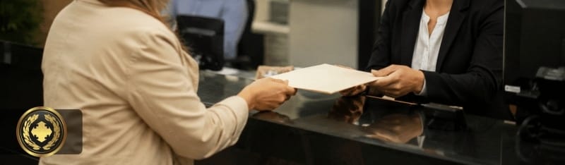 Pessoa recebendo uma certidão em um cartório moderno, com atendimento profissional, ambiente institucional e iluminação suave e realista.