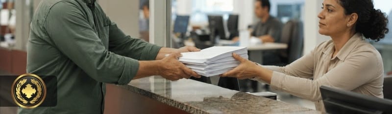 Pessoa entregando uma pilha de documentos a uma atendente em um ambiente institucional, representando o processo de posse em cargo público na prefeitura.
