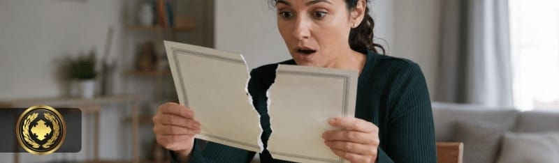 Pessoa surpresa em casa segurando uma certidão rasgada, com expressão de preocupação e curiosidade, em ambiente interno iluminado de forma natural e realista.