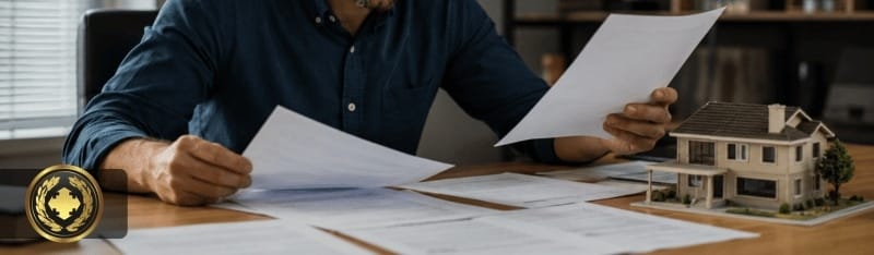 Pessoa analisando várias certidões de um imóvel em uma mesa de escritório, com uma maquete de casa ao lado, transmitindo atenção, cautela e análise documental.