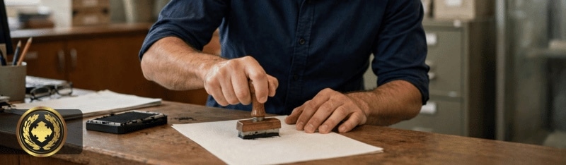 funcionário do cartório concentrado procurando certidão em gaveta de arquivo de madeira, documentos antigos e ambiente organizado