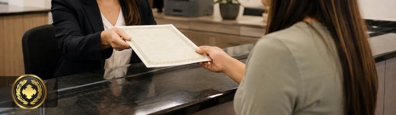 Uma pessoa recebe uma certidão diretamente no balcão de um cartório, em um ambiente profissional, organizado e acolhedor