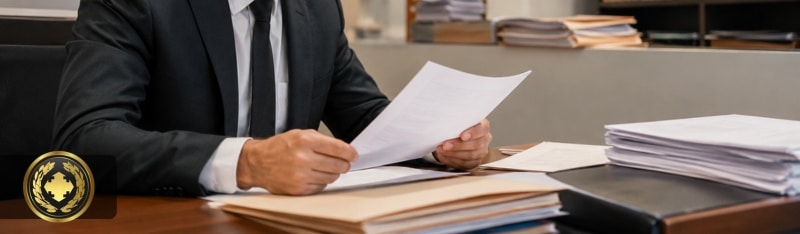 Funcionário de cartório analisando atentamente um documento em ambiente profissional, cercado por arquivos e pastas, com iluminação suave e aparência realista