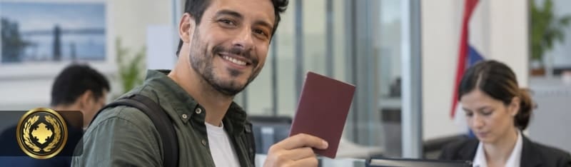 cidadania paraguaia para brasileiros Homem brasileiro sorridente mostra um passaporte paraguaio em um ambiente de atendimento institucional, com visual realista e profissional