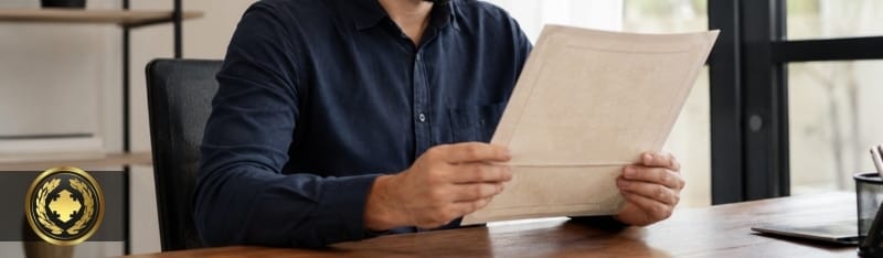Homem sentado em um escritório, analisando atentamente uma certidão, em um ambiente profissional com iluminação natural e suave