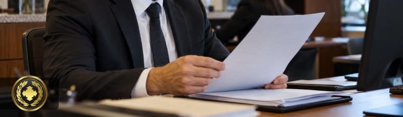 Funcionário de cartório analisando atentamente um documento em ambiente profissional, com expressão concentrada e iluminação suave e natural