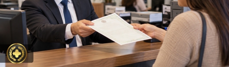 certidão de nascimento tem validade para casament Pessoa recebendo uma certidão de um funcionário do cartório, em ambiente interno com atendimento formal e acolhedor.