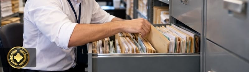 como descobrir a data de falecimento de uma pessoa Funcionário de cartório procurando um documento em uma gaveta de arquivo, em ambiente organizado e institucional.
