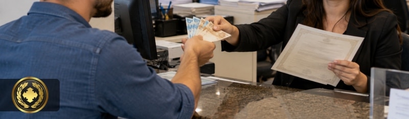 Pessoa pagando uma certidão em cartório com notas de reais, em um atendimento presencial, em ambiente institucional e realista.